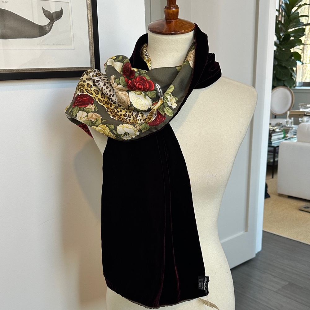 Salvatore Ferragamo Burgundy Velvet & Animal Print Silk Scarf/Stole 50” x 16”
